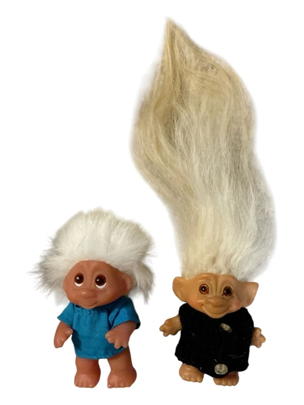 Vintage Twin Troll Dolls with White Hair - Blue & Black Outfits